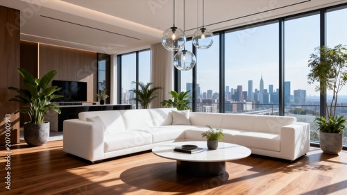Modern Living Room with City Skyline View