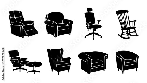Fotografía Diverse Armchair Silhouettes, Seating Collection Vector Icons, Modern and Classi