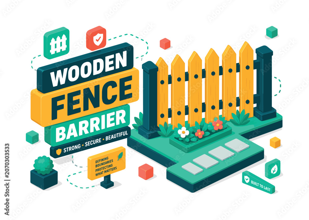 Obraz premium Wooden Fence Barrier , oversized picket fence with bold geometric depth, floating boundary blocks and garden platform accents, asymmetric editorial layout, deep teal and warm yellow with mint accents,