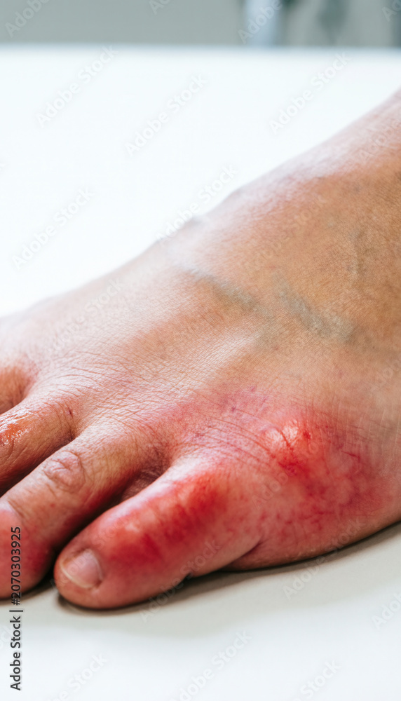 Fototapeta premium Close-up of a human toe with redness and swelling, showing inflamed skin, possible gout or infection, resting on clean white medical surface, highlighting foot health issues.