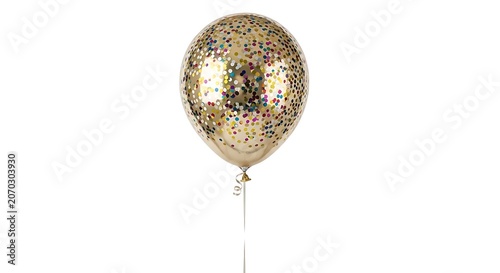 A shiny gold helium balloon with confetti design on a white background
