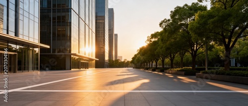Sunset at Modern Urban Plaza with Glass Skyscrapers