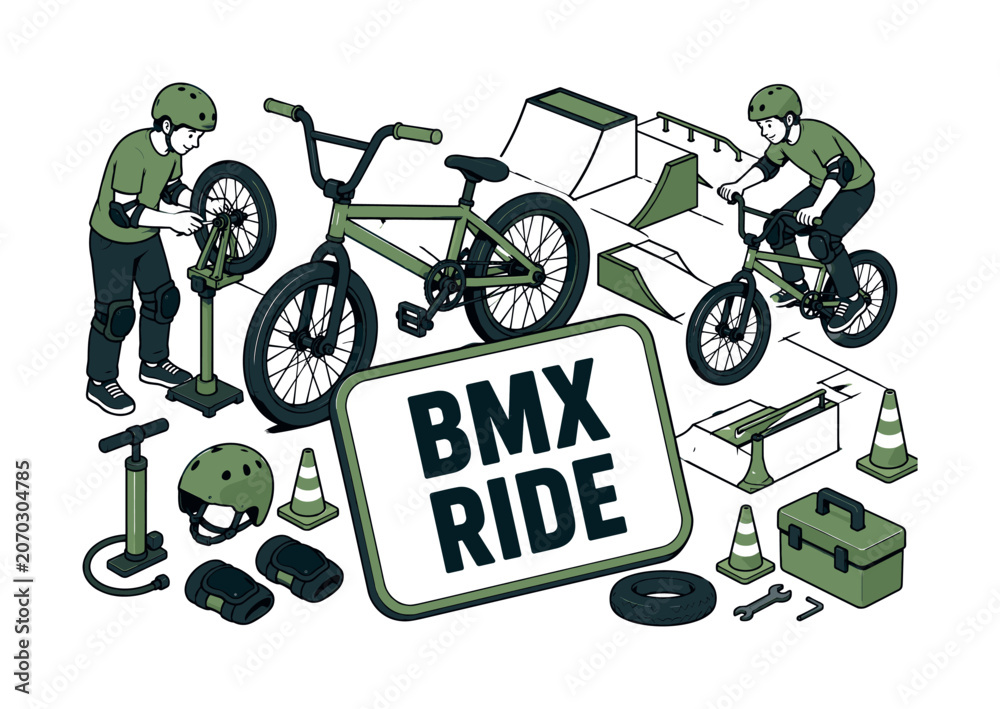 Naklejka premium BMX Bike Ride banner showing two BMX riders around an oversized BMX bike and giant ramp course, helmet, knee pads, tire pump, cone markers, and repair stand filling all edges, bold simple uppercase