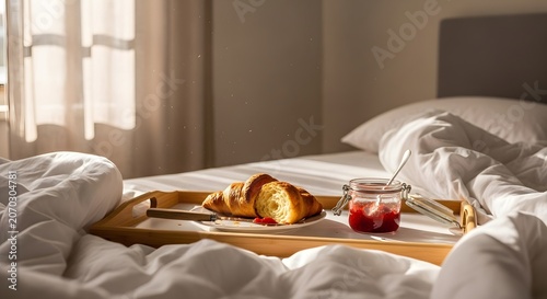 Croissant and jam served on a wooden breakfast tray rest upon a rumpled white bed.