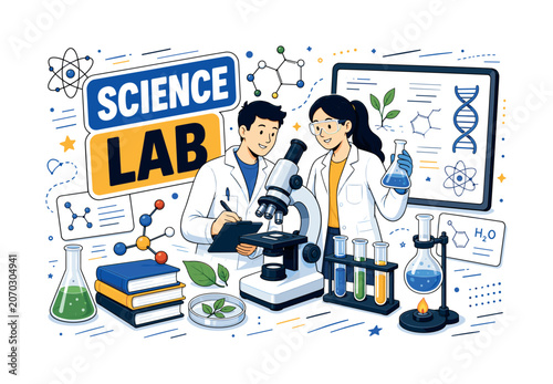 Science Education Banner. Biology, laboratory, experiment, scientist, research, physics, chemistry and science education banner with two geometric scientists beside an oversized microscope and large