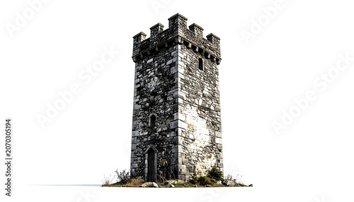 A stone tower, weathered and aged, stands tall against a white backdrop. Featuring a crenellated top, a single door, and small windows