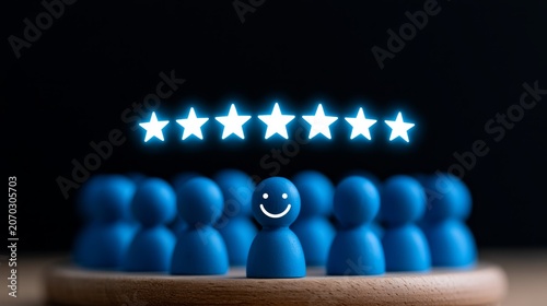 Wooden Customer Figures Beneath Glowing Stars in the Rain, Representing Satisfaction and Positivity in Service and Experience, Ideal for Business Graphics