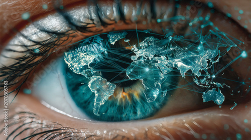 view of a human eye with a global communication network pattern in the iris. Stylized glowing world map and interconnected satellite lines bridge the gaps in the iris fibers. Blue and white 