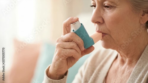 Elderly woman using an asthma inhaler. Senior patient inhaling medication for respiratory relief. Asthma and healthcare concept