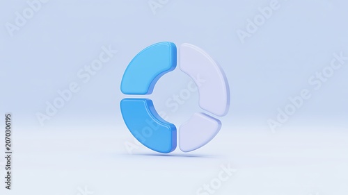 3D pie chart icon, blue and white sectors, business infographic element, data visualization symbol