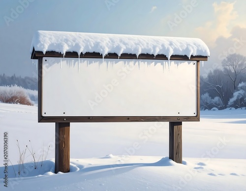 Snow Covered Blank Wooden Signboard Standing in Quiet Winter Field
