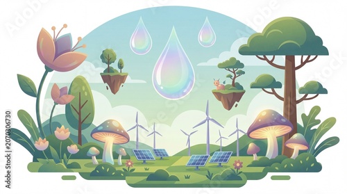 Eco-friendly renewable energy with solar panels and wind turbines in a lush green landscape with water droplets and flora.