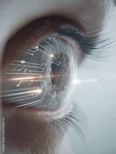 close-up human eye with futuristic digital iris pattern isolated on white background hyper detailed illustration sci fi technology visionThis image focuses tightly on a single human eye, filling 