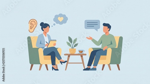 Two people sitting on comfortable chairs having a conversation in a calm and friendly therapy setting