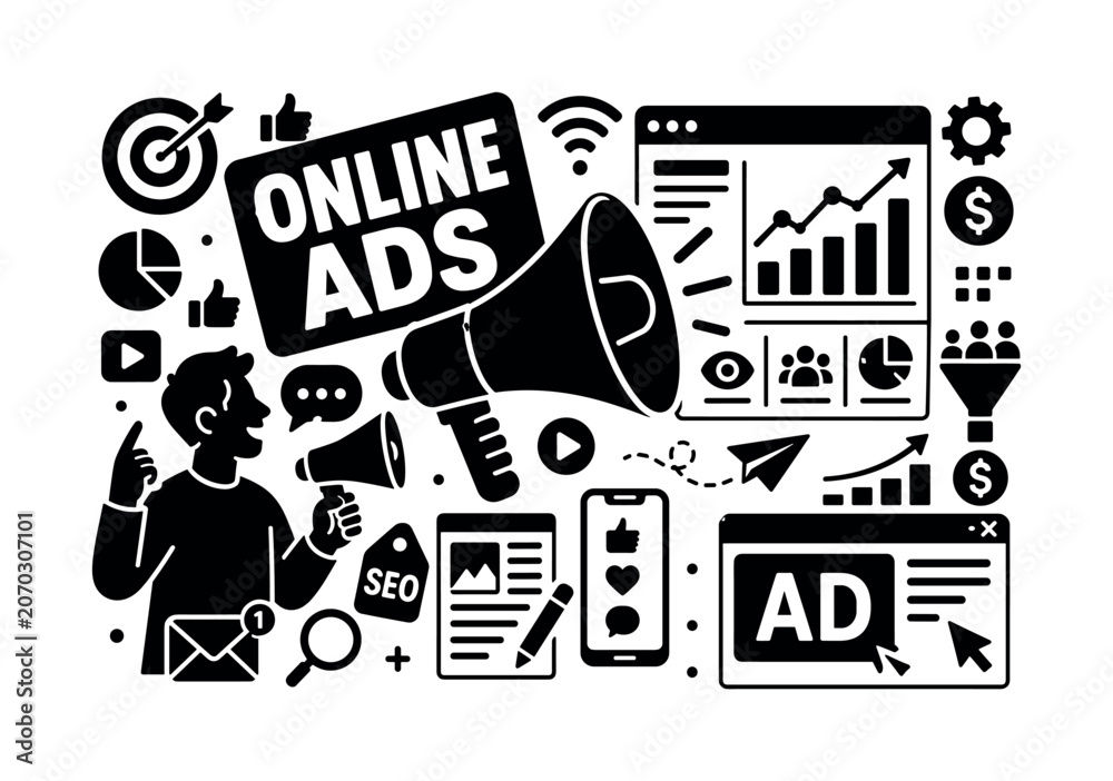 Fototapeta premium Digital Marketing Campaign. Banner design, clean solid filled composition showing oversized megaphone and giant website analytics screen, one marketer launching campaign near edges, small details of
