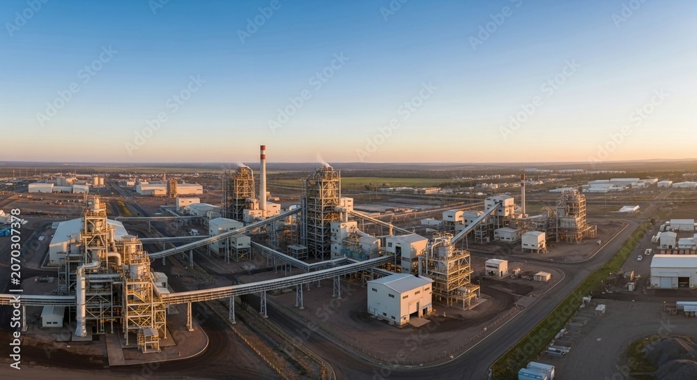Fototapeta premium Expansive industrial processing plant complex at sunset, showcasing massive infrastructure and production facilities.