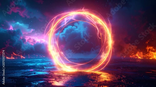 A glowing portal surrounded by swirling clouds and fiery landscapes
