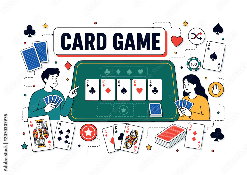 Naklejka premium Playing Cards Banner. Play card, deck, card game, suits and tabletop entertainment banner with two geometric players beside oversized playing cards and a large game table board, card paths reaching