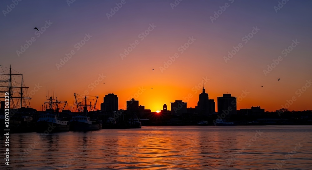 Obraz premium City skyline silhouette at sunset with sailing ship on water