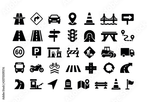 Road Highway Travel. Solid glyph icon set of roads and highways: highway road, road sign, car, map pin, traffic cone, bridge, direction arrow, lane marker, street sign, traffic light, tunnel,
