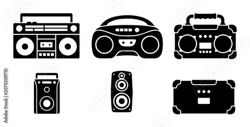 Tableau sur toile Retro Boombox and Speaker Icons, Vintage Audio Equipment Vector Set, 80s Music P