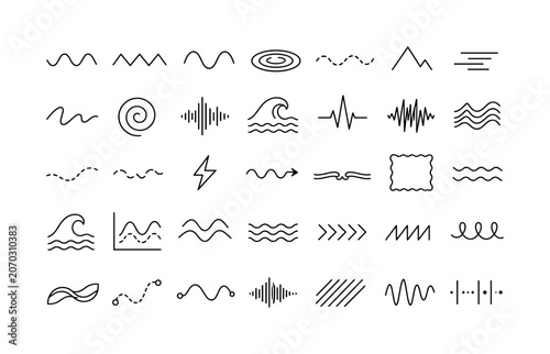 Wave Zigzag Lines. Line icon set of wave lines, zigzag and abstract line patterns: wave line, zigzag line, sine curve, ripple line, dashed wave, sharp angle, motion line, squiggle, spiral wave, sound