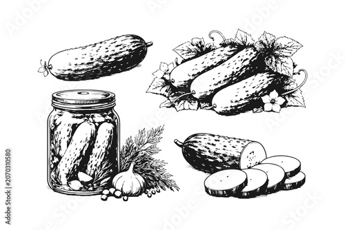 Fotografie Simple hand drawn pickled and raw cucumbers sketch icon set, engraved pickles, organic fermentation food, vegetable canning illustration clip art
