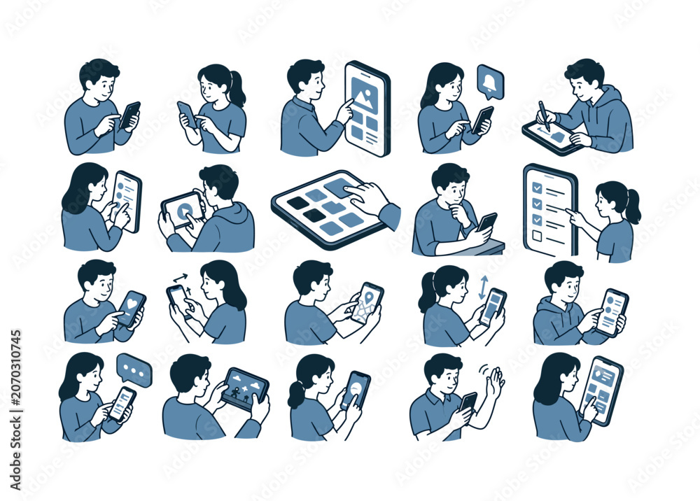 Fototapeta premium Touch Phone Interaction collection of digital illustrations NOT icons NOT symbols, 12?20 character-driven small scenes of people tapping smartphones, testing mobile apps, using hand gestures, checking