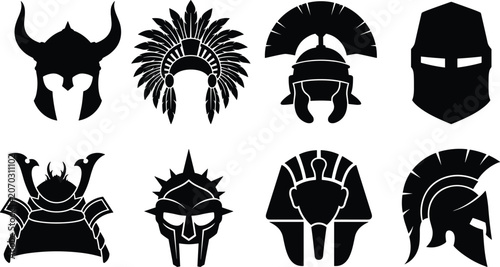 Foto Ancient warrior helmets silhouette icon set featuring viking horns spartan gladi