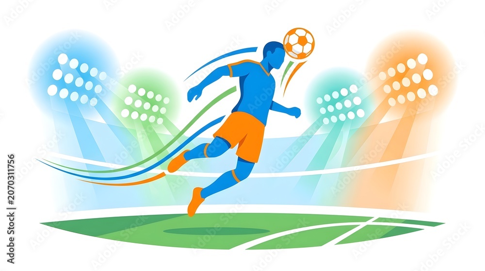 Fototapeta premium Dynamic Soccer Player Kicking Ball Under Stadium Lights Vector Illustration for Sports Promotions