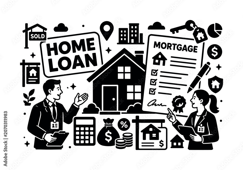 Fototapeta premium Real Estate Mortgage. Banner design, clean solid filled composition showing oversized house and giant mortgage document, two realtors discussing home loan near edges, small details of key, realtor