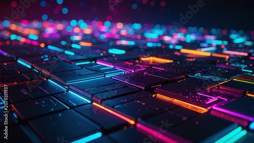 Neon-lit futuristic surface with glowing tiles and bokeh effect