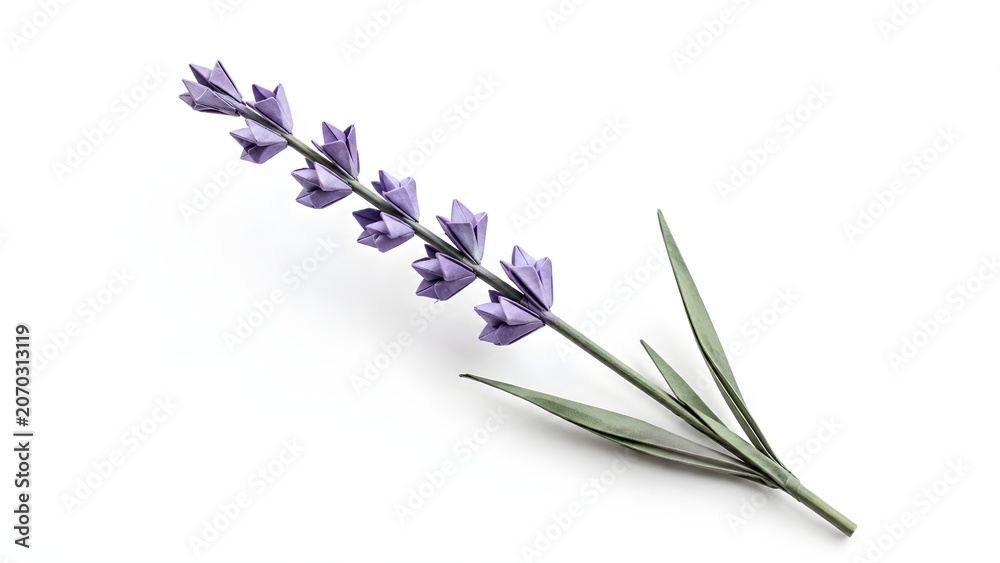 Fototapeta premium Origami Lavender Sprig with Tiny Folded Purple Buds on White Background