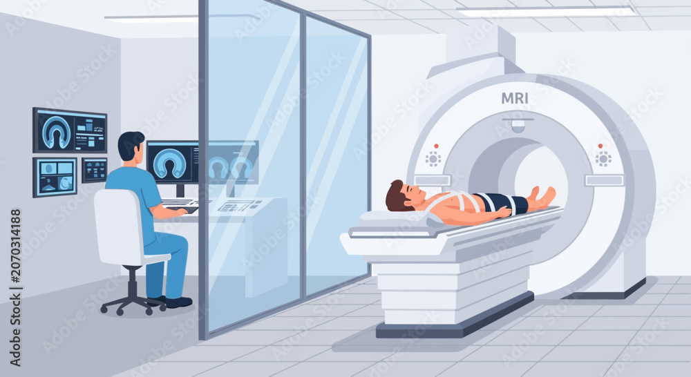 Fototapeta premium Medical MRI Scan: Patient and Technician in Modern Diagnostic Room