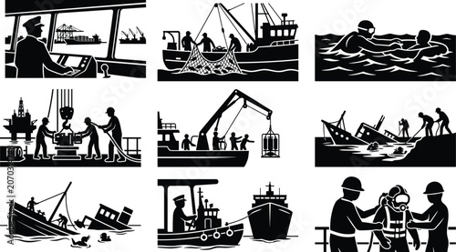 Konstfotografi Maritime and marine industry silhouette icon set featuring commercial fishing oi