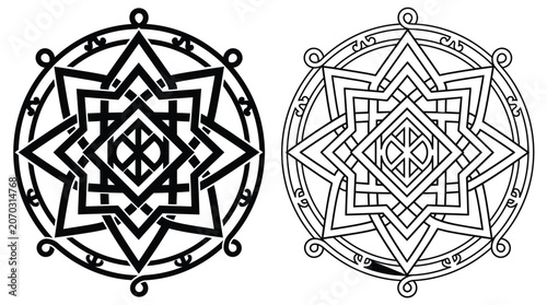 Geometric star in circle pattern black lines on white background