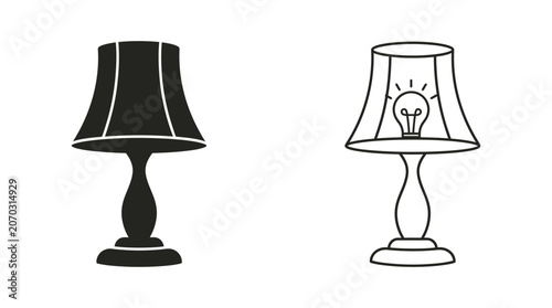 Table lamp silhouettes with linear design and illuminated bulb detail