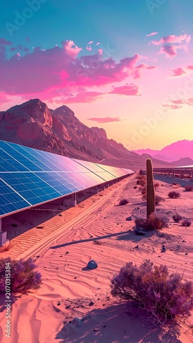 A serene desert landscape with solar panels and a vibrant sunset