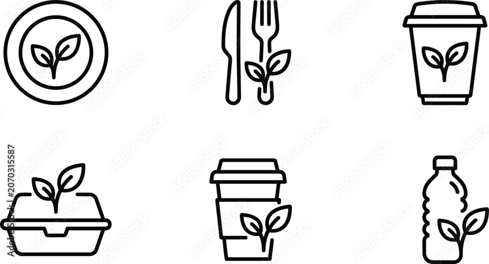 Fototapeta premium Set of linear icons representing eco-friendly food, sustainable packaging, biodegradable materials, and green dining habits for environmentally conscious branding