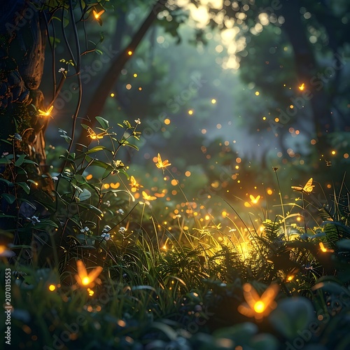 A serene forest scene with fireflies dancing amidst lush greenery