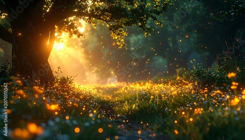 A serene forest scene with fireflies and sunlight (38)
