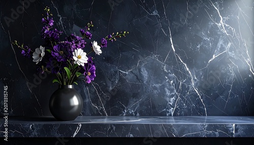 Elegant Purple and White Flowers Arranged in Black Vase on Dark Marble Table