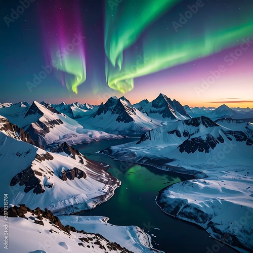 A serene landscape of snow-capped mountains and a tranquil lake under the vibrant aurora borealis