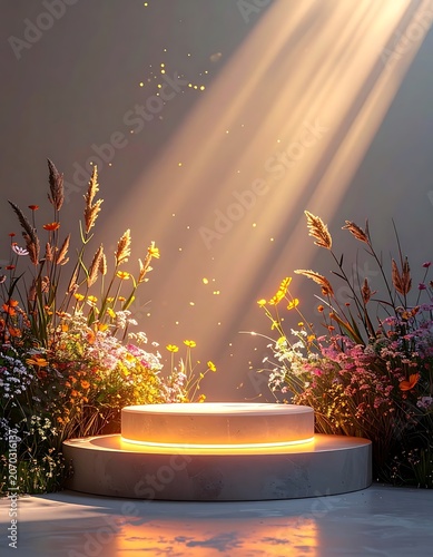A serene scene with a raised platform surrounded by vibrant flowers and warm sunlight
