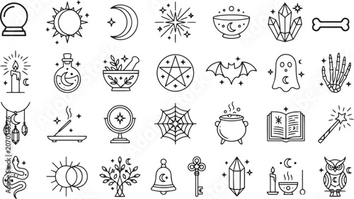 Bild auf Leinwand Black line icons of mystical and magical symbols
