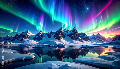 A serene winter landscape with snow-capped mountains and aurora borealis (8)