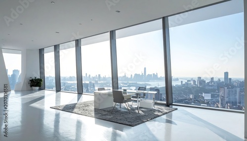 Modern office with city view through large windows and a minimalist design
