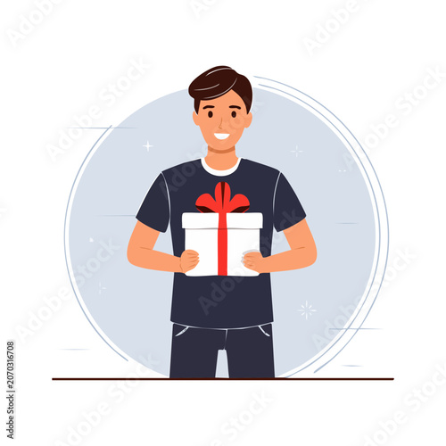 Smiling man holding a gift box with red ribbon