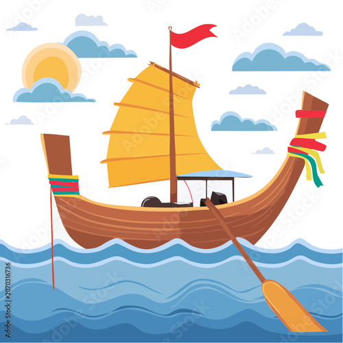Traditional wooden boat with sail on water