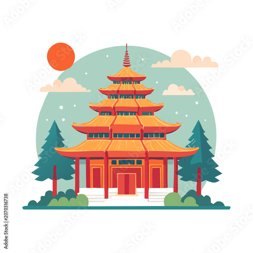 Traditional Chinese Pagoda Temple Flat Vector Illustration